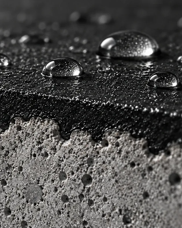 Detalle de membrana impermeable con gotas de agua sobre concreto